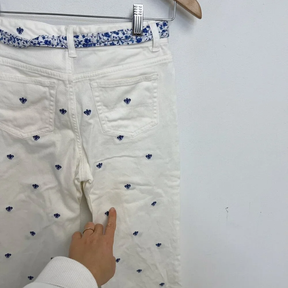 Ralph Lauren Nautical Girls White Pants Belted Blue Embroidery Boot Leg Sz 12